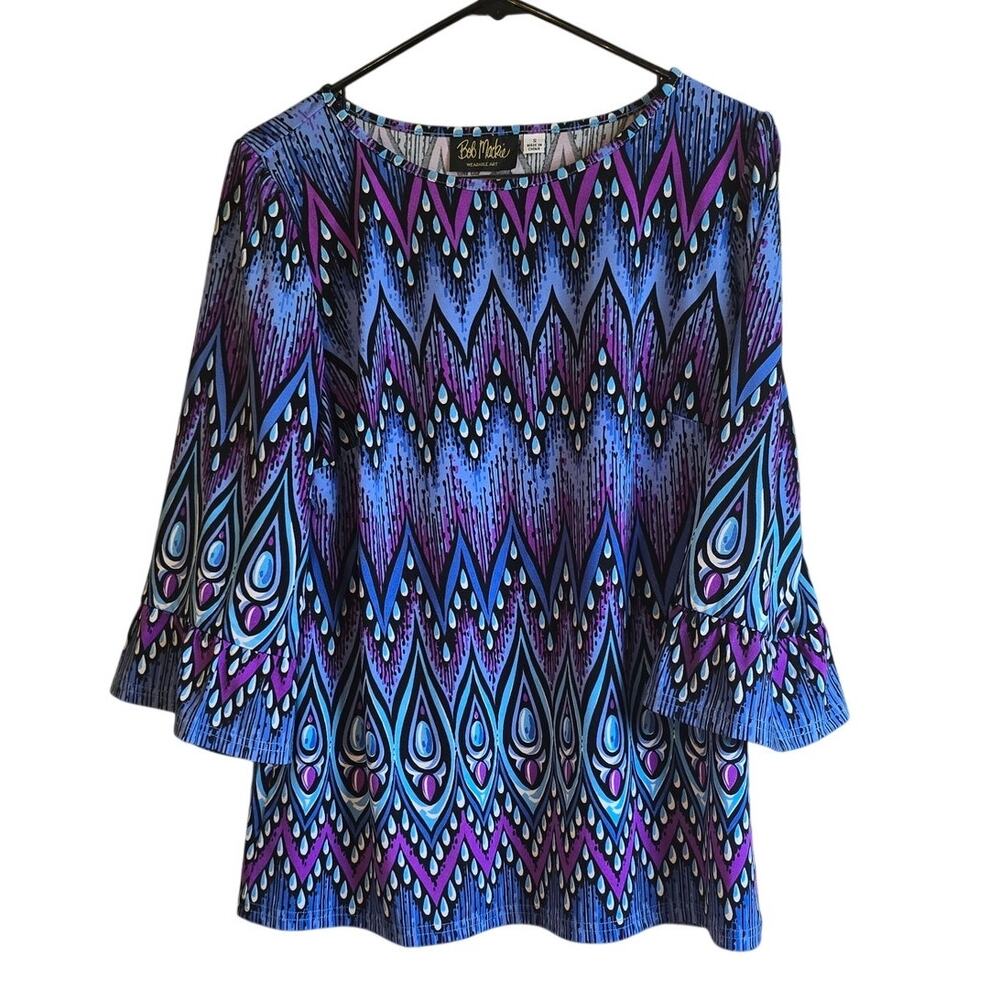 Bob Mackie wearable art peacock bell sleeve blouse size small
